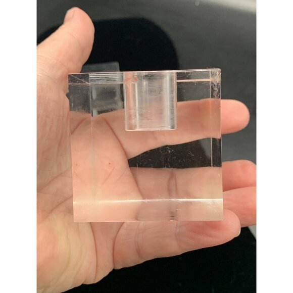Lucite Block Cube Taper Candlestick Holder MCM Set 2 Vtg Clear Acrylic Incised - Picture 6 of 11